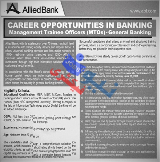 Allied Bank Jobs 2024 Advertisement  